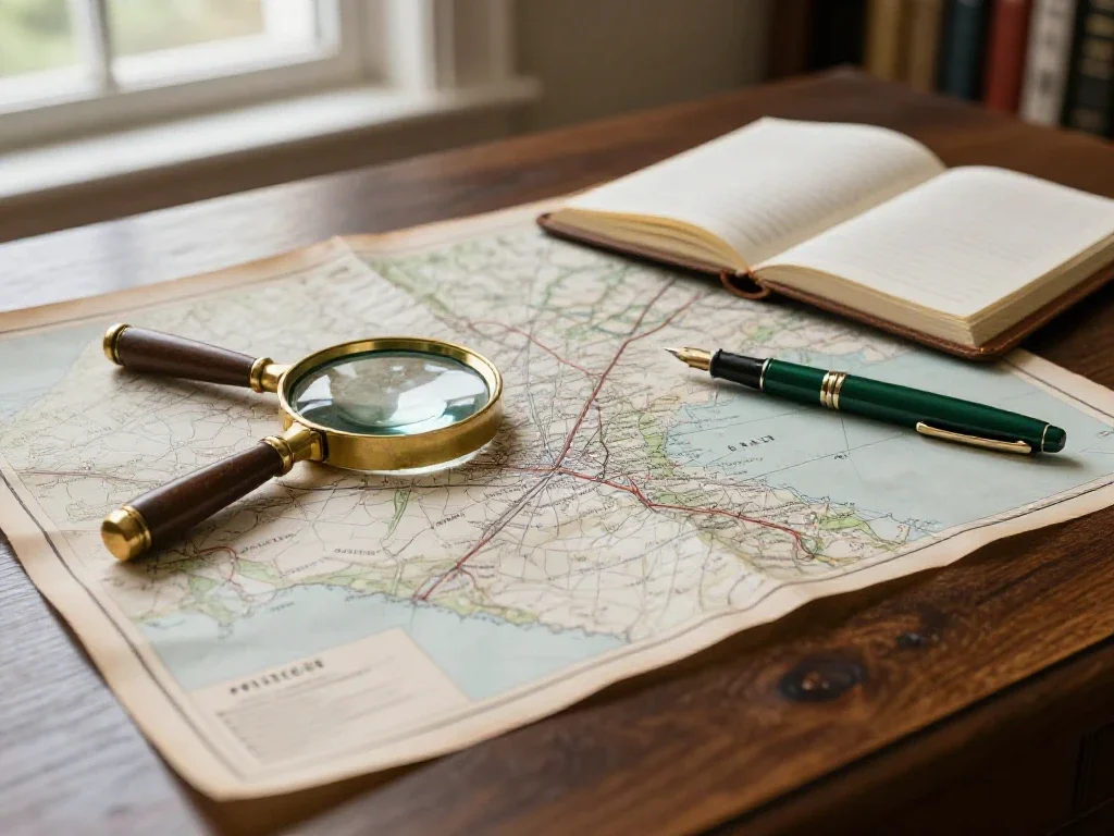 Carnet de notes, loupe et carte ancienne sur un bureau pour illustrer la synthèse des connaissances.