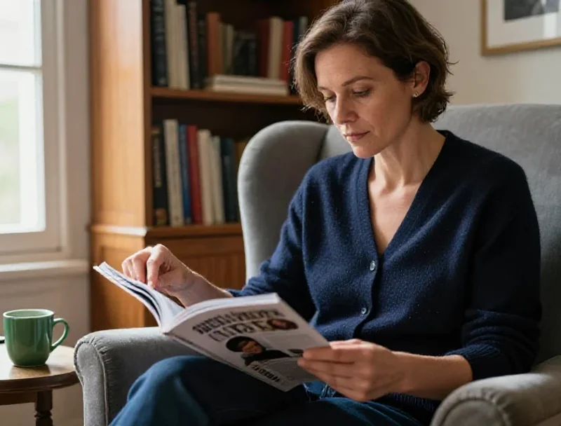 Une lectrice française s'immerge dans un magazine pour s'informer sur divers sujets d'actualité.