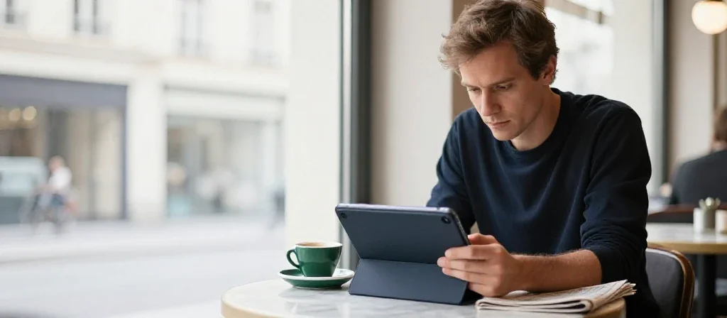 Homme consultant l'actualité sur sa tablette, soulignant l'importance de l'information généraliste au quotidien.